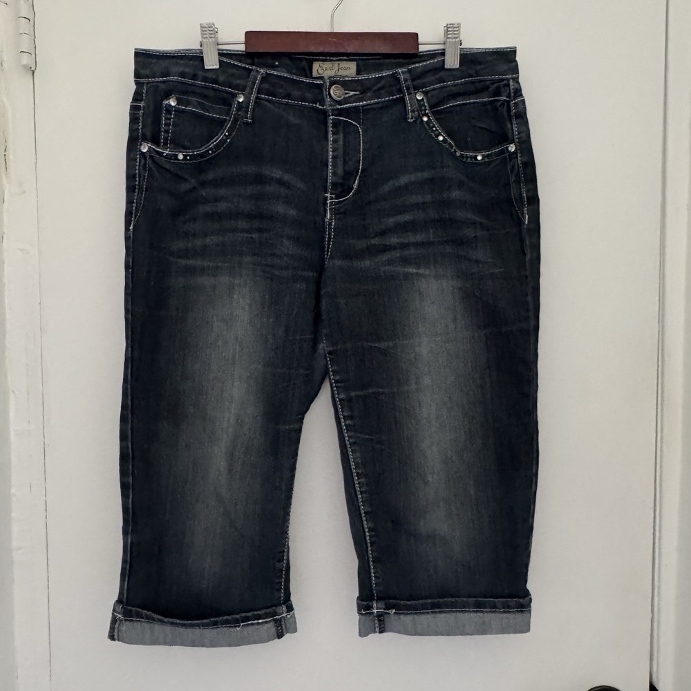 EARL Jeans Capris Womens 12 Blue Cuffed Studded Bling Y2K Vtg Retro Streetwear